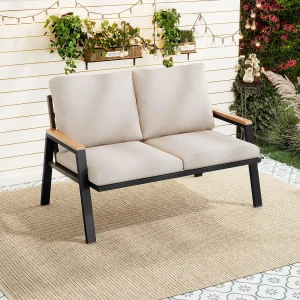 2-zits tuinbank – 121 x 76 x 84 cm – met kussens en armleuningen – gegalvaniseerd staal – beige-grijs 2-zits tuinbank – 121 x 76 x 84 cm – met kussens en armleuningen – gegalvaniseerd staal – beige-grijs
