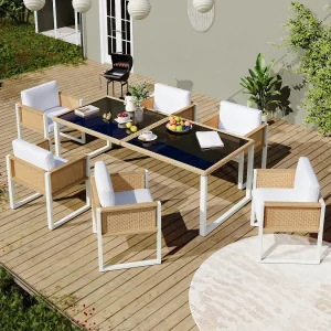 7-delige tuinset van polyrattan met tafel en stoelen – 6 fauteuils + tafel – Rattan + stof – naturel + wit 7-delige tuinset van polyrattan met tafel en stoelen – 6 fauteuils + tafel – Rattan + stof – naturel + wit