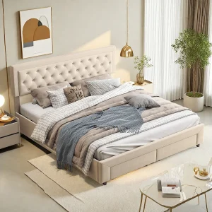 160*200cm tweepersoonsbed, hydraulisch bed, gestoffeerd bed met opbergruimte, beige, fluweel