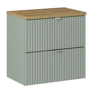 Badkamerset ELVINA 60cm: onderkast met lades in grijs saliegroen + blad voor wasbak in donker houteffect