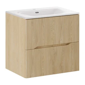 Badkamerset NATURA 60cm: onderkast met lichte houtlook verticaal gegroefd + ingebouwde wastafel Badkamerset NATURA 60cm: onderkast met lichte houtlook verticaal gegroefd + ingebouwde wastafel