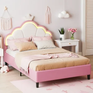 90*200cm Prinsessenbed voor kinderen, Kroonbed + LED-strip, Roze + Wit Flanellen 90*200cm Prinsessenbed voor kinderen, Kroonbed + LED-strip, Roze + Wit Flanellen