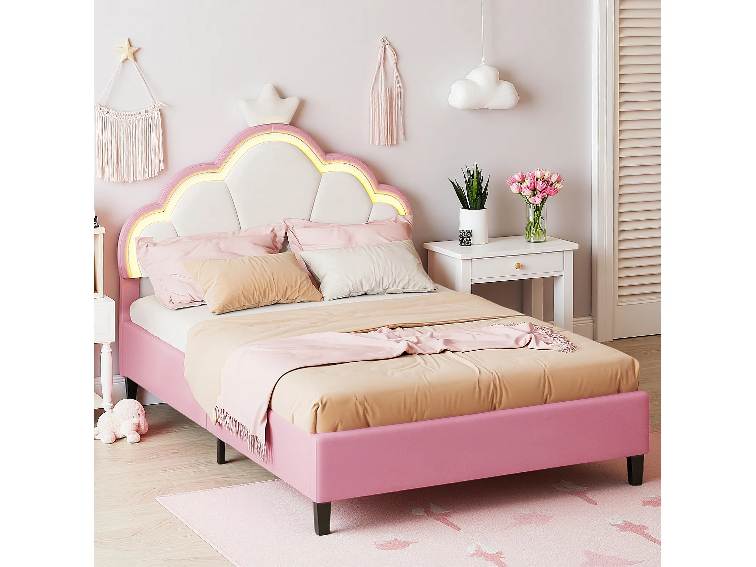 90*200cm Prinsessenbed voor kinderen, Kroonbed + LED-strip, Roze + Wit Flanellen
