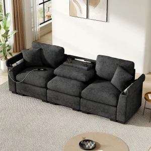 Bank 242x80x88cm 3 zitplaatsen Rugleuning inklapbaar tot tafel USB bekerhouder Opbergruimte Chenille Grijs Bank 242x80x88cm 3 zitplaatsen Rugleuning inklapbaar tot tafel USB bekerhouder Opbergruimte Chenille Grijs