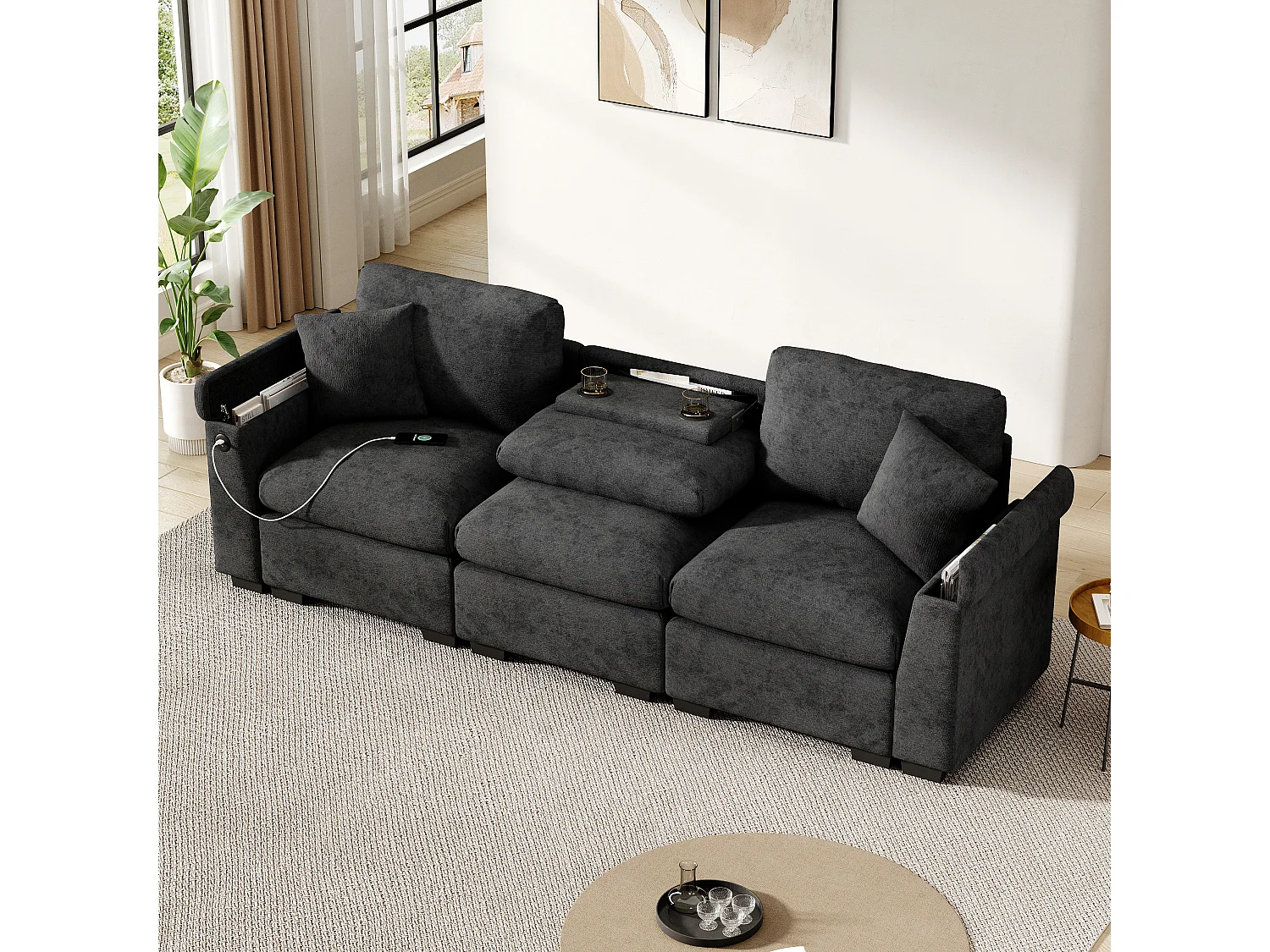 Bank 242x80x88cm 3 zitplaatsen Rugleuning inklapbaar tot tafel USB bekerhouder Opbergruimte Chenille Grijs