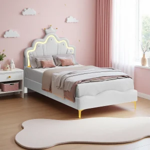 90*200cm plat tweepersoonsbed, kroonvormig prinsessenbed, verstelbare ledverlichting, wit, zacht PU-leer 90*200cm plat tweepersoonsbed, kroonvormig prinsessenbed, verstelbare ledverlichting, wit, zacht PU-leer