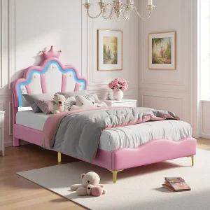 90*200cm plat tweepersoonsbed, kroonvormig prinsessenbed, verstelbare ledverlichting, roze, zacht PU-leer 90*200cm plat tweepersoonsbed, kroonvormig prinsessenbed, verstelbare ledverlichting, roze, zacht PU-leer