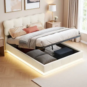140×200 Opbergbed met LED en lattenbodem, Tweepersoonsbed met grote opbergruimte, Fluweel, Beige 140×200 Opbergbed met LED en lattenbodem, Tweepersoonsbed met grote opbergruimte, Fluweel, Beige