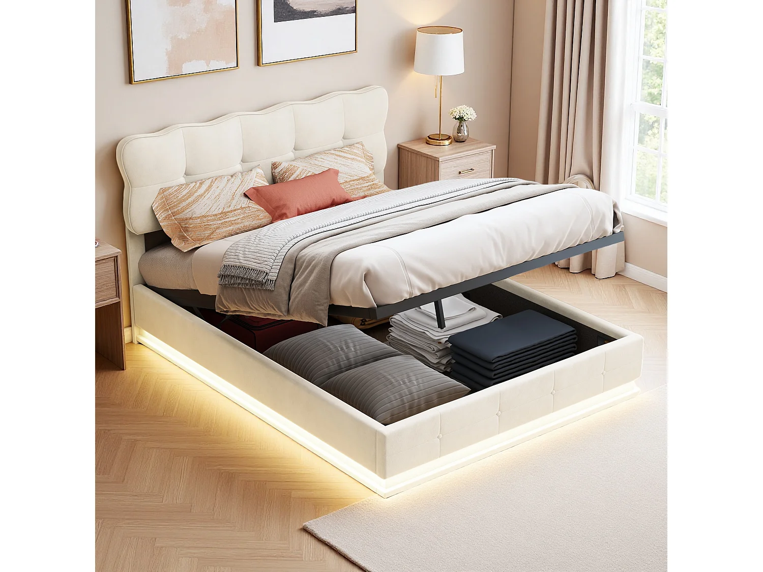 140x200 Opbergbed met LED en lattenbodem, Tweepersoonsbed met grote opbergruimte, Fluweel, Beige