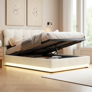 140×200 Bed met opbergruimte in de basis, tweepersoonsbed met verstelbare ledverlichting, lattenbodem, fluweel, beige