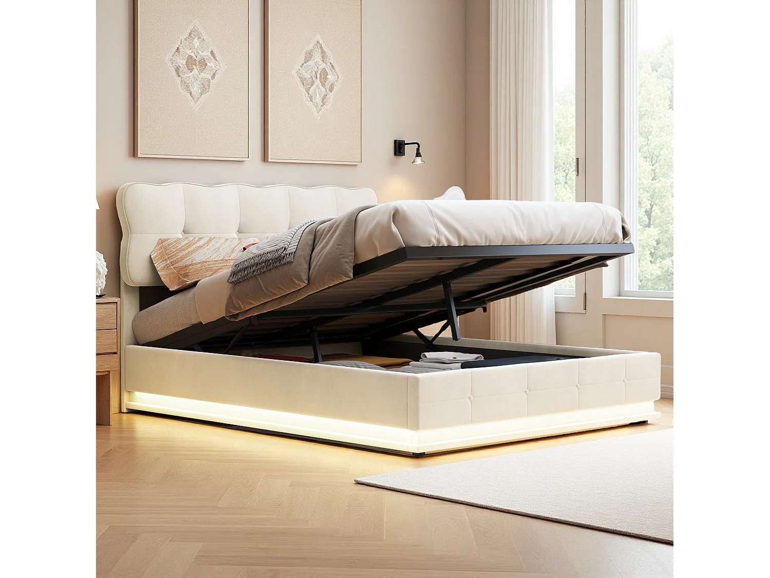140×200 Bed met opbergruimte in de basis, tweepersoonsbed met verstelbare ledverlichting, lattenbodem, fluweel, beige