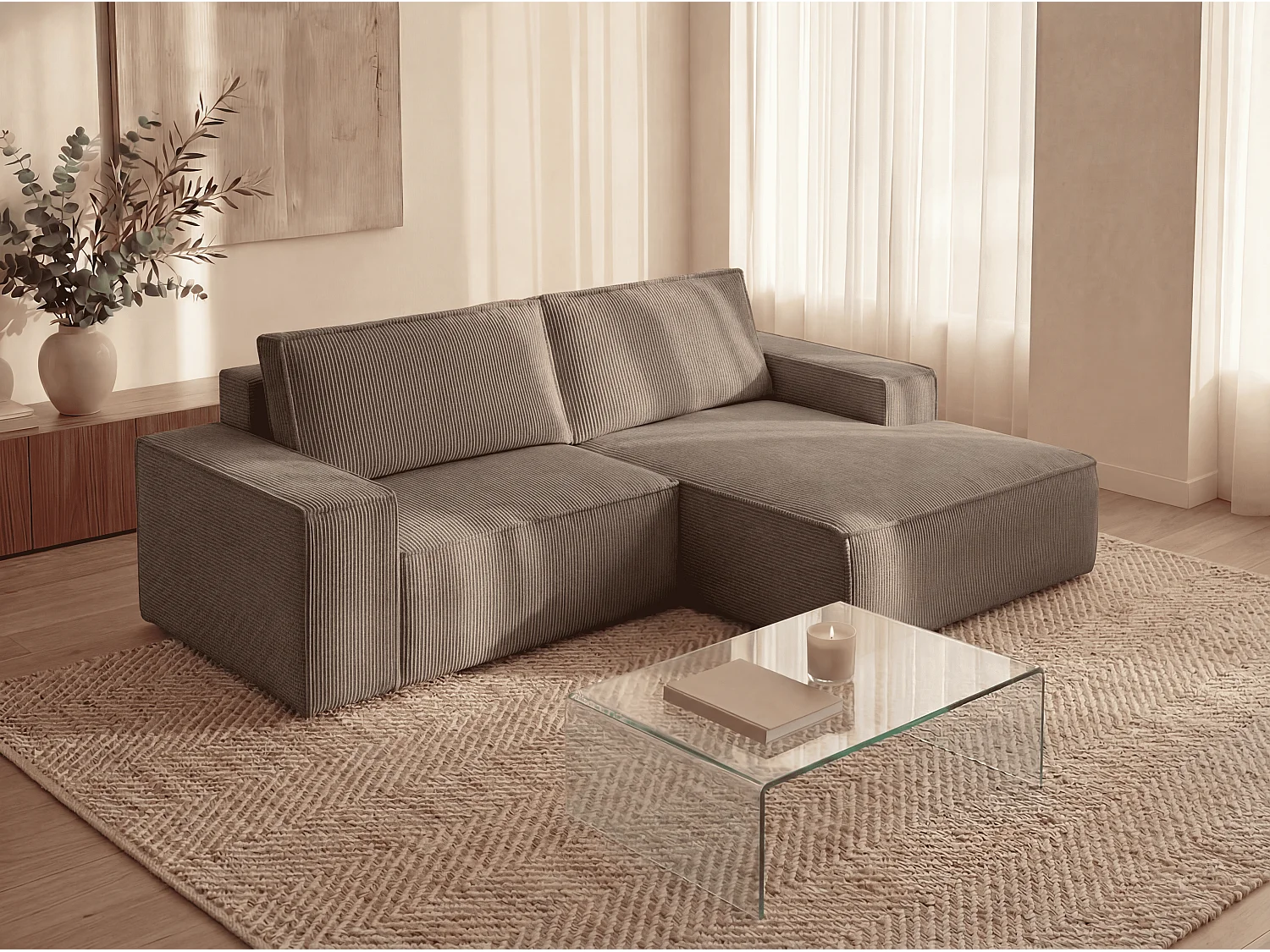 Kleine hoekbank rechts 3-zits slaapbank in taupe corduroy AMELIA
