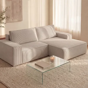 Kleine rechtsomdraaiende hoekslaapbank van beige corduroy fluweel AMELIA Kleine rechtsomdraaiende hoekslaapbank van beige corduroy fluweel AMELIA