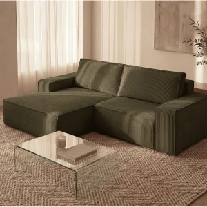 Kleine linkse 3-zits hoekbank, uitklapbaar, van kaki groen ribfluweel AMELIA Kleine linkse 3-zits hoekbank, uitklapbaar, van kaki groen ribfluweel AMELIA