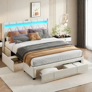 160×200 Opbergbed, Tweepersoonsbed met LED, Gestoffeerd bed met 4 opberglades, Linnen, Beige 160×200 Opbergbed, Tweepersoonsbed met LED, Gestoffeerd bed met 4 opberglades, Linnen, Beige