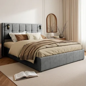 160×200 opbergbed, LED gestoffeerd bed met USB en Type-C bed, tweepersoonsbed, grijs 160×200 opbergbed, LED gestoffeerd bed met USB en Type-C bed, tweepersoonsbed, grijs