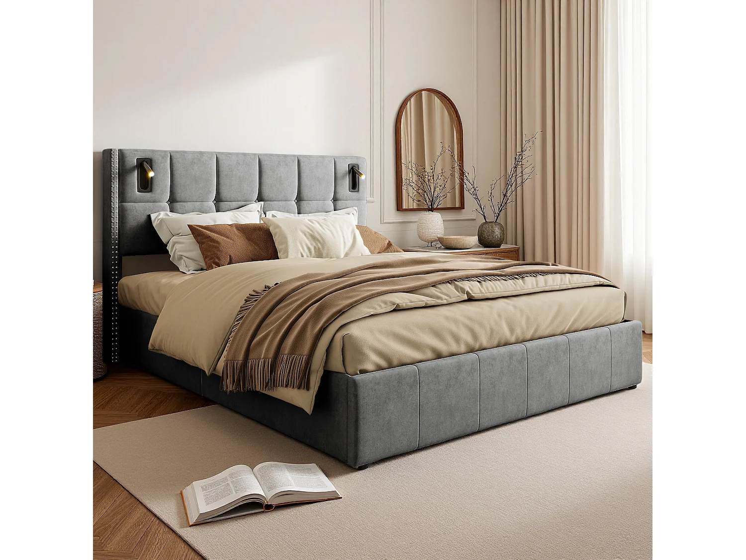 160x200 opbergbed, LED gestoffeerd bed met USB en Type-C bed, tweepersoonsbed, grijs