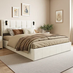 140×200 opbergbed, LED gestoffeerd bed met USB en Type-C bed, tweepersoonsbed, beige