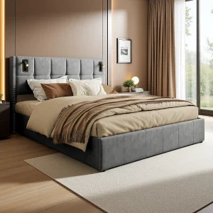 140×200 opbergbed, LED gestoffeerd bed met USB en Type-C bed, tweepersoonsbed, grijs