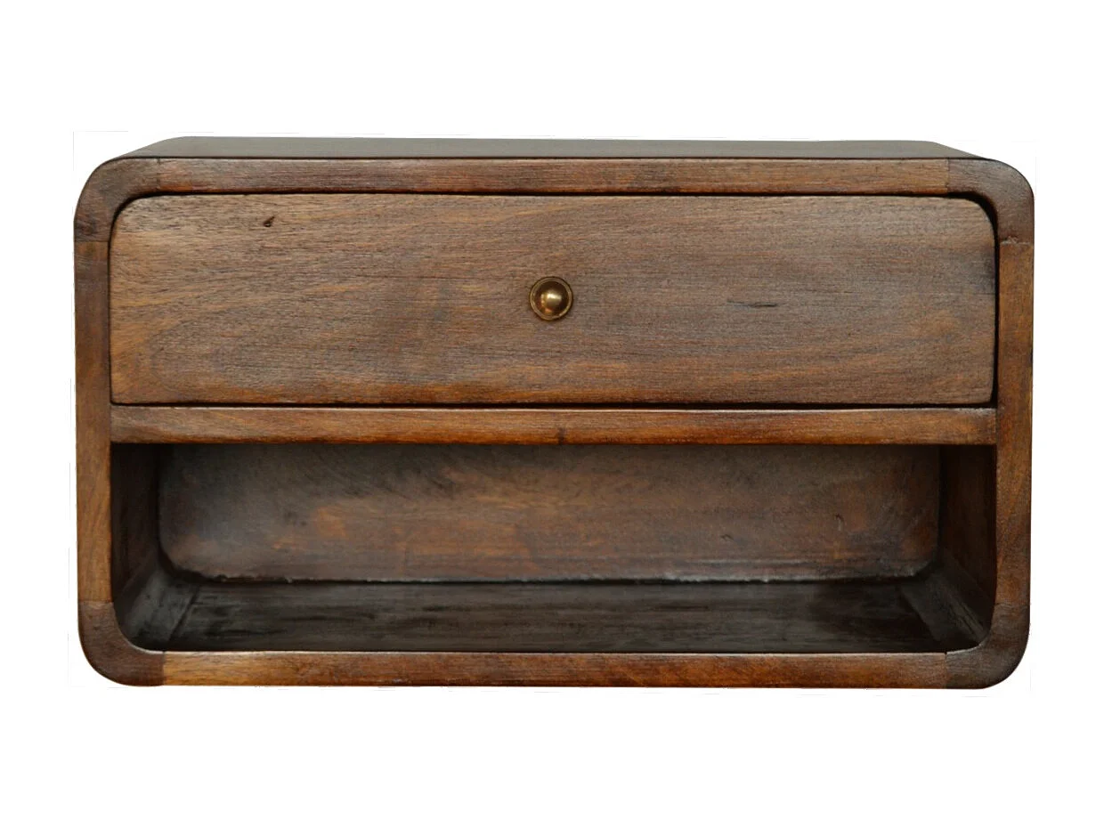 Gebogen zwevend nachttje van kastanjehout Artisan Furniture, 1 lade, 1 open plank, glad bruin