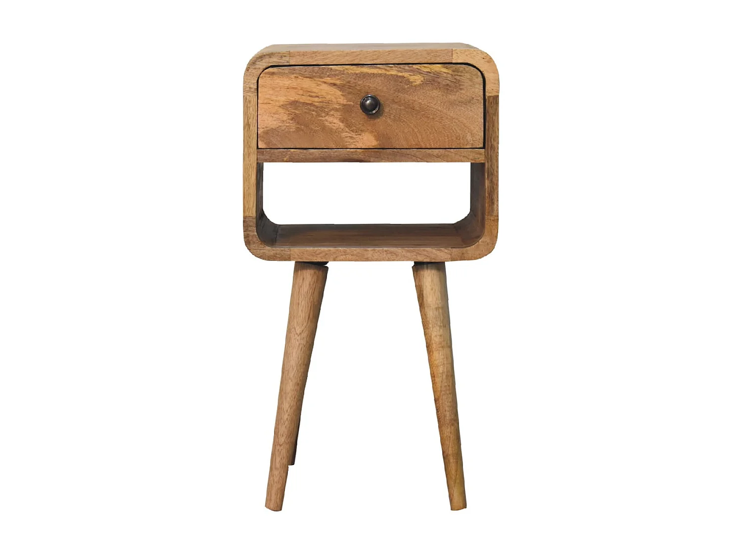 Artisan Furniture Massief houten mini-nachtkastje in eikenhout met gebogen onderkant.