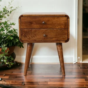 Gebogen nachtkastje in kastanjebruin van Artisan Furniture, 2 lades, bruin