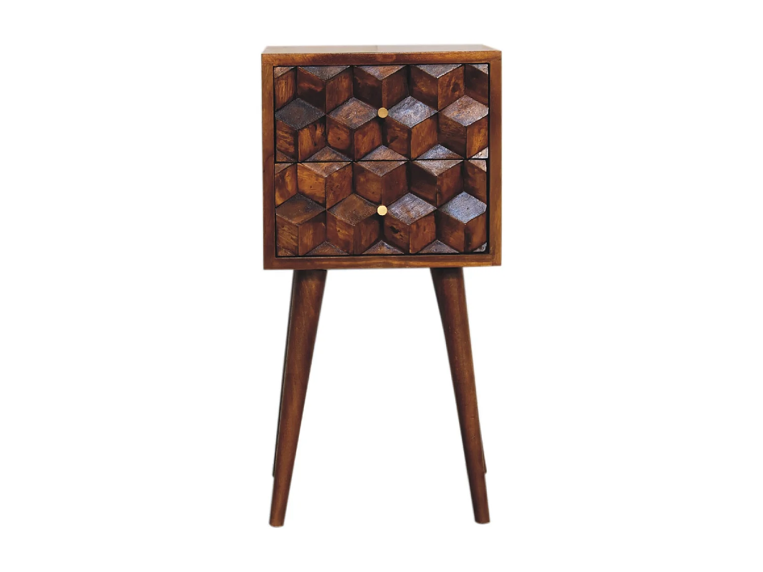 Mini Cube nachtkastje van kastanjehout Artisan Furniture, 2 lades, bruin