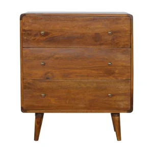 Ambachtelijk meubel – Chestnut gebogen ladekast, 3 lades, bruin Ambachtelijk meubel – Chestnut gebogen ladekast, 3 lades, bruin