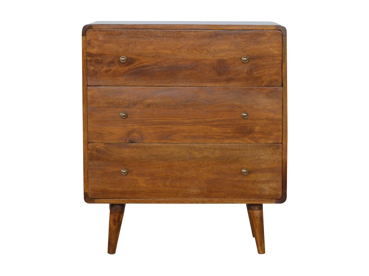 Ambachtelijk meubel – Chestnut gebogen ladekast, 3 lades, bruin