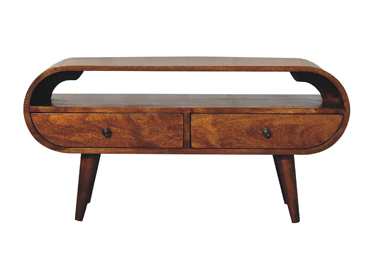 Ronde tv-kast Artisan Furniture van kastanjehout, 2 lades, 1 open plank, bruin