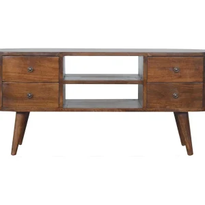 Afgeronde tv-kast van kastanjehout Artisan Furniture, 4 lades, 2 planken, bruin Afgeronde tv-kast van kastanjehout Artisan Furniture, 4 lades, 2 planken, bruin