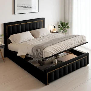 140×200 opbergbed met gewatteerd hoofdeinde, tweepersoonsbedden met lattenbodem, zwart 140×200 opbergbed met gewatteerd hoofdeinde, tweepersoonsbedden met lattenbodem, zwart
