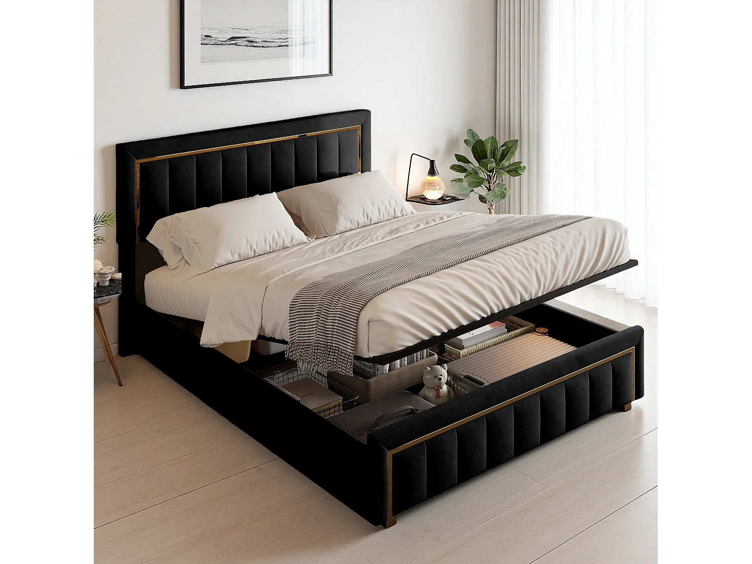 140x200 opbergbed met gewatteerd hoofdeinde, tweepersoonsbedden met lattenbodem, zwart