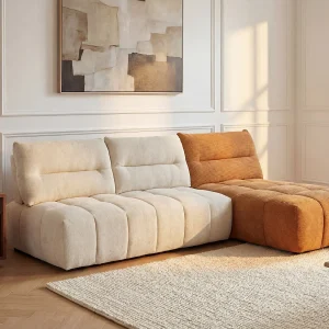 Moduleerbare hoekbank met schuivende rugleuning van beige en terracottakleurige stof met textuur APOLIU