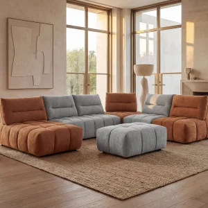 Moduleerbare brede hoekbank en poef met schuivende rugleuning, lichtgrijs en terracotta APOLIU