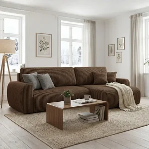 ARIEL L – Rechtse hoekbank met slaapfunctie  250x142x87 cm, stof Velo 48 bruin