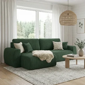 ARIEL L – Linker hoekbank met slaapfunctie  250x142x87 cm, stof Velo 79 flessengroen