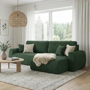 ARIEL L – Rechtse hoekbank met slaapfunctie  250x142x87 cm, stof Velo 79 flessengroen