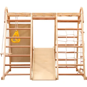 7-in-1 kinderglijbaan 134x120x120 cm met klimstructuur en schommel, natuurlijke houtkleur, voor woonkamer 7-in-1 kinderglijbaan 134x120x120 cm met klimstructuur en schommel, natuurlijke houtkleur, voor woonkamer
