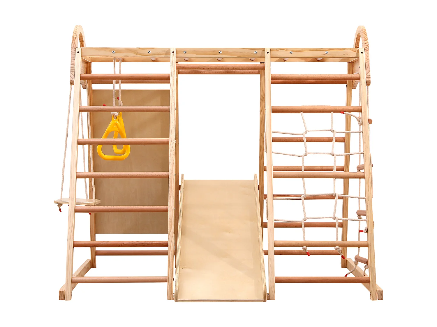 7-in-1 kinderglijbaan 134x120x120 cm met klimstructuur en schommel, natuurlijke houtkleur, voor woonkamer