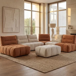 Moduleerbare brede hoekbank en poef met schuivende rugleuning, beige en terracotta APOLIU
