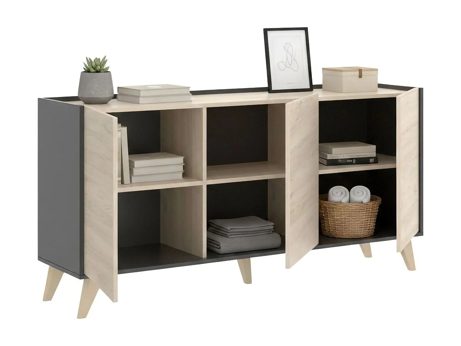 Dmora Dressoir Avez 43x155x75h cm Zwart Antraciet 3 Planken 6 Vakken, Dressoir 3 Deuren