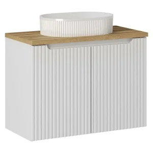Badkamerset VANO wit 80cm: onderkast met kastjes + blad voor wastafel + geribbelde opzetwastafel wit