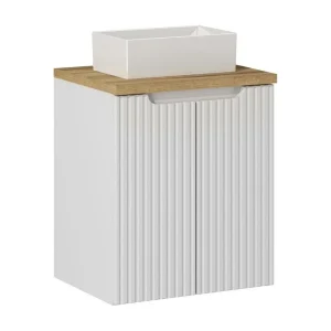 Badkamerset VANO wit 50cm: onderbouwkast met deuren + blad voor wastafel + rechthoekige opzetwastafel