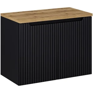 Badkamerset VANO 80cm: mat zwart gegroefd onderkastmeubel met kasten + blad voor wastafel in licht eiken look Badkamerset VANO 80cm: mat zwart gegroefd onderkastmeubel met kasten + blad voor wastafel in licht eiken look