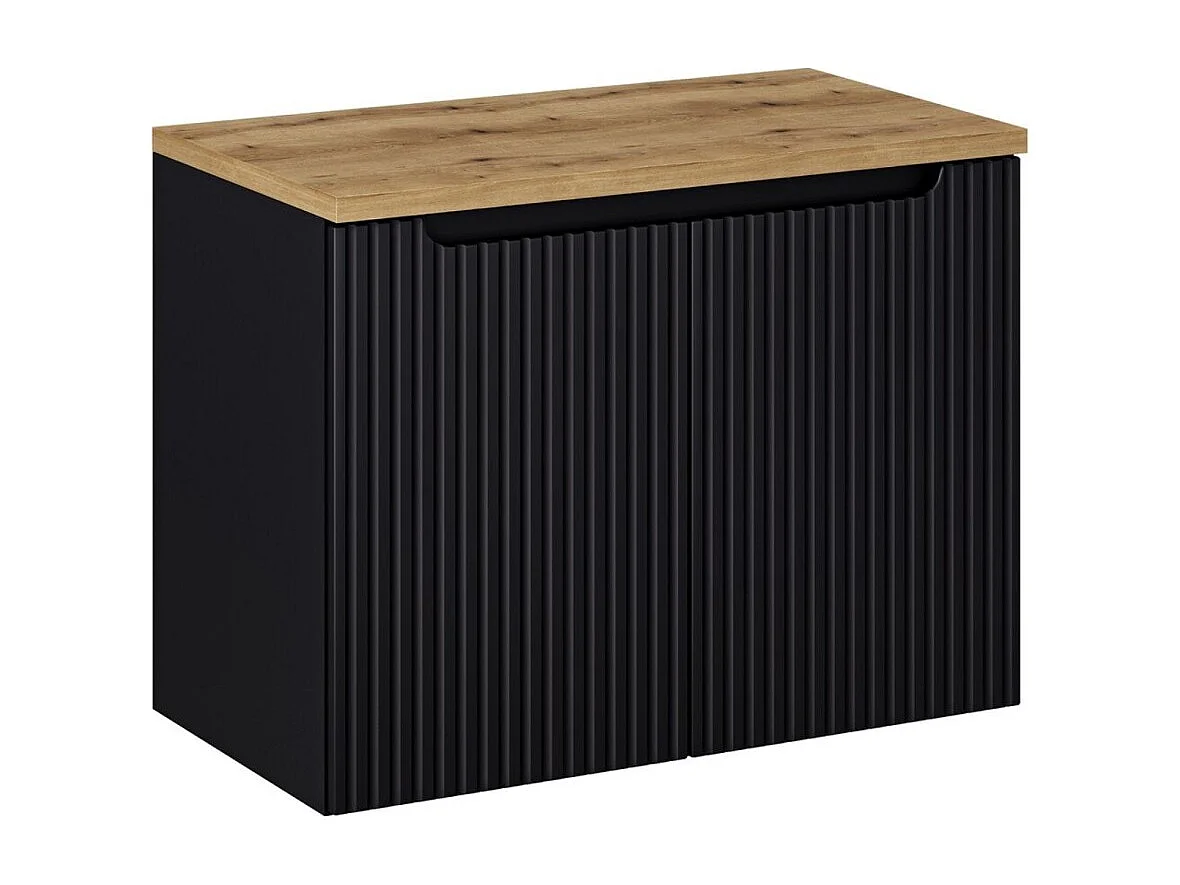 Badkamerset VANO 80cm: mat zwart gegroefd onderkastmeubel met kasten + blad voor wastafel in licht eiken look