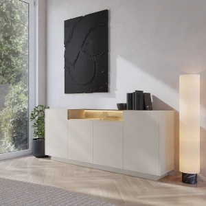 Dressoir 4 deuren en 1 nis met LEDs – Beige en licht naturel – ALIVENTO Dressoir 4 deuren en 1 nis met LEDs – Beige en licht naturel – ALIVENTO