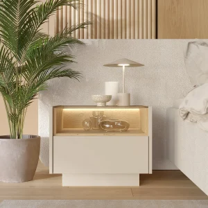 Nachtkastje 1 lade en 1 nis met LEDs beige en licht naturel – ALIVENTO