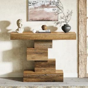 108cm Farmhouse Consoletafel, Smalle Houten Salontafel Achter Bank met Geometrische Basis 108cm Farmhouse Consoletafel, Smalle Houten Salontafel Achter Bank met Geometrische Basis