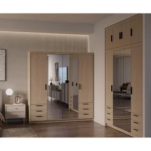 AX LIVING Kledingkast Storicos 4 deuren 6 lades met spiegel geolied eiken 176 cm